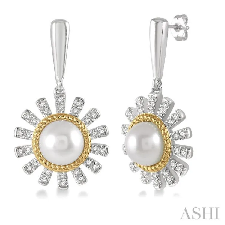 1/5 Ctw Sunflower 6x6mm Pearl & Round Cut Diamond Earring in 10K White and Yellow Gold