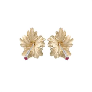 15mm 14k Hibiscus Earrings with 4 diamonds and 2 rubies