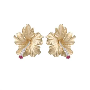 20mm 14k Hibiscus Earring with 6 diamonds and 2 rubies