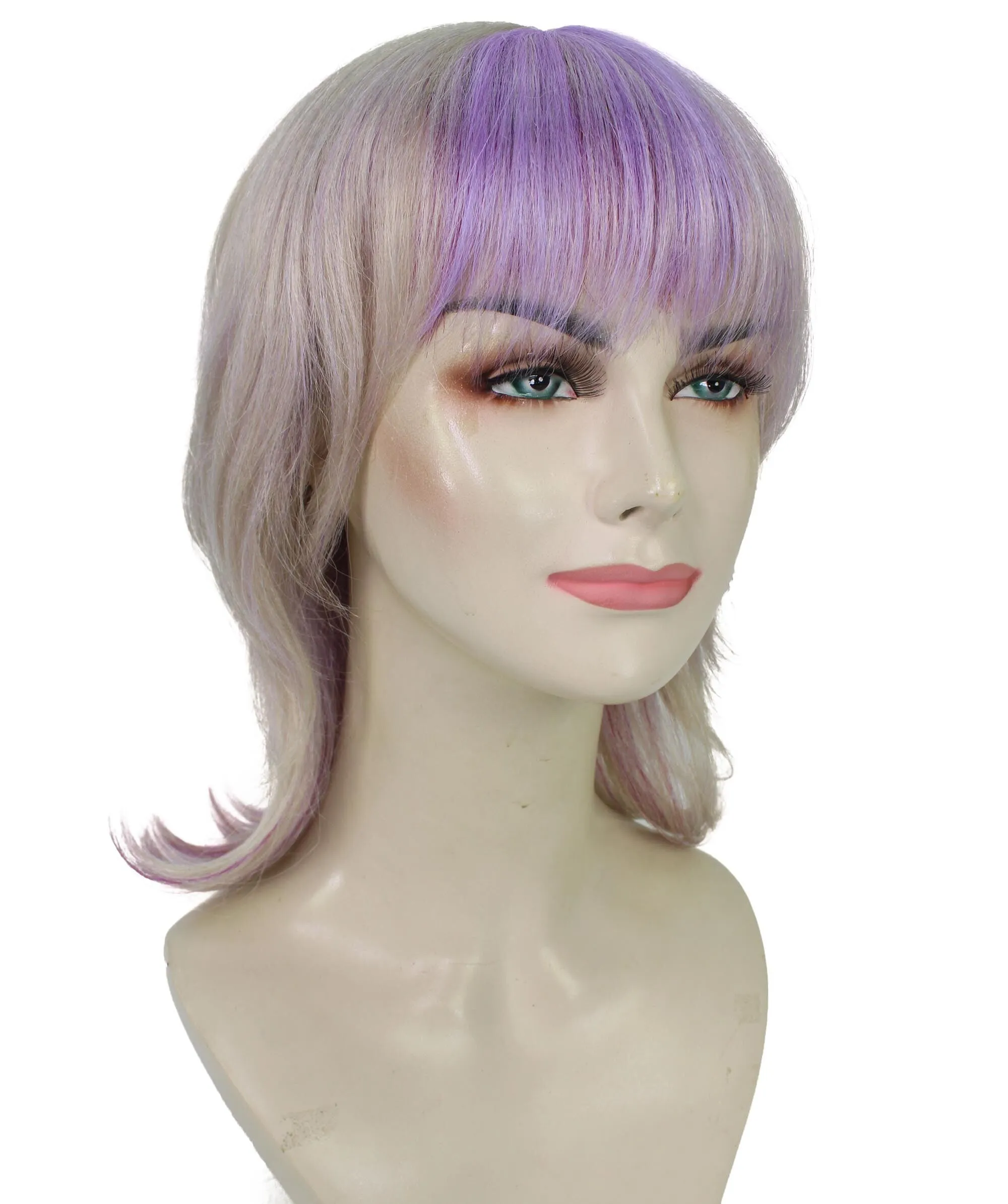 Adult Women’s  Blonde & Purple 80's Mullet Layered Fringe Bangs Medium Length Straight Wig | Perfect For Halloween | Flame-retardant Synthetic Fiber