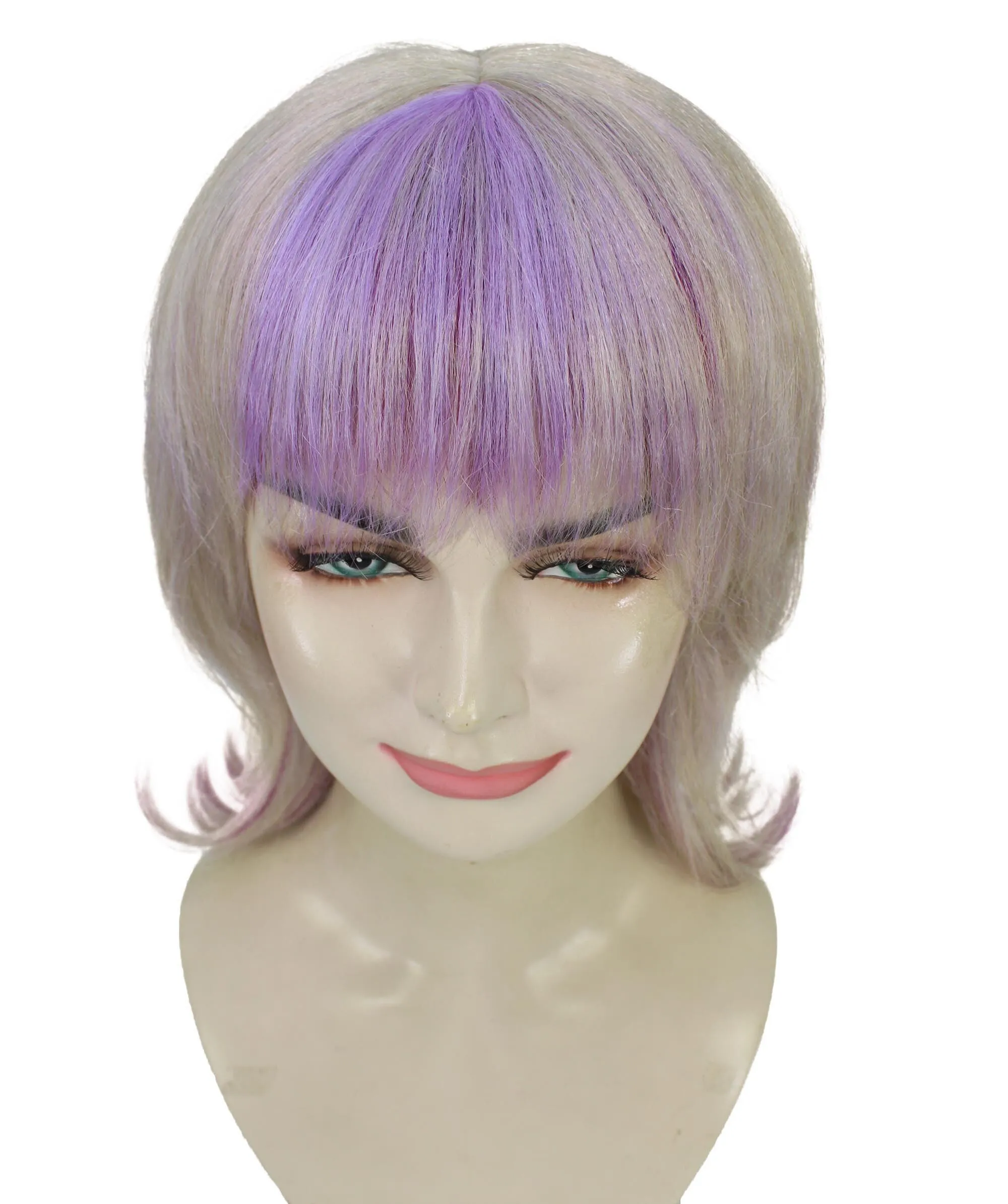 Adult Women’s  Blonde & Purple 80's Mullet Layered Fringe Bangs Medium Length Straight Wig | Perfect For Halloween | Flame-retardant Synthetic Fiber