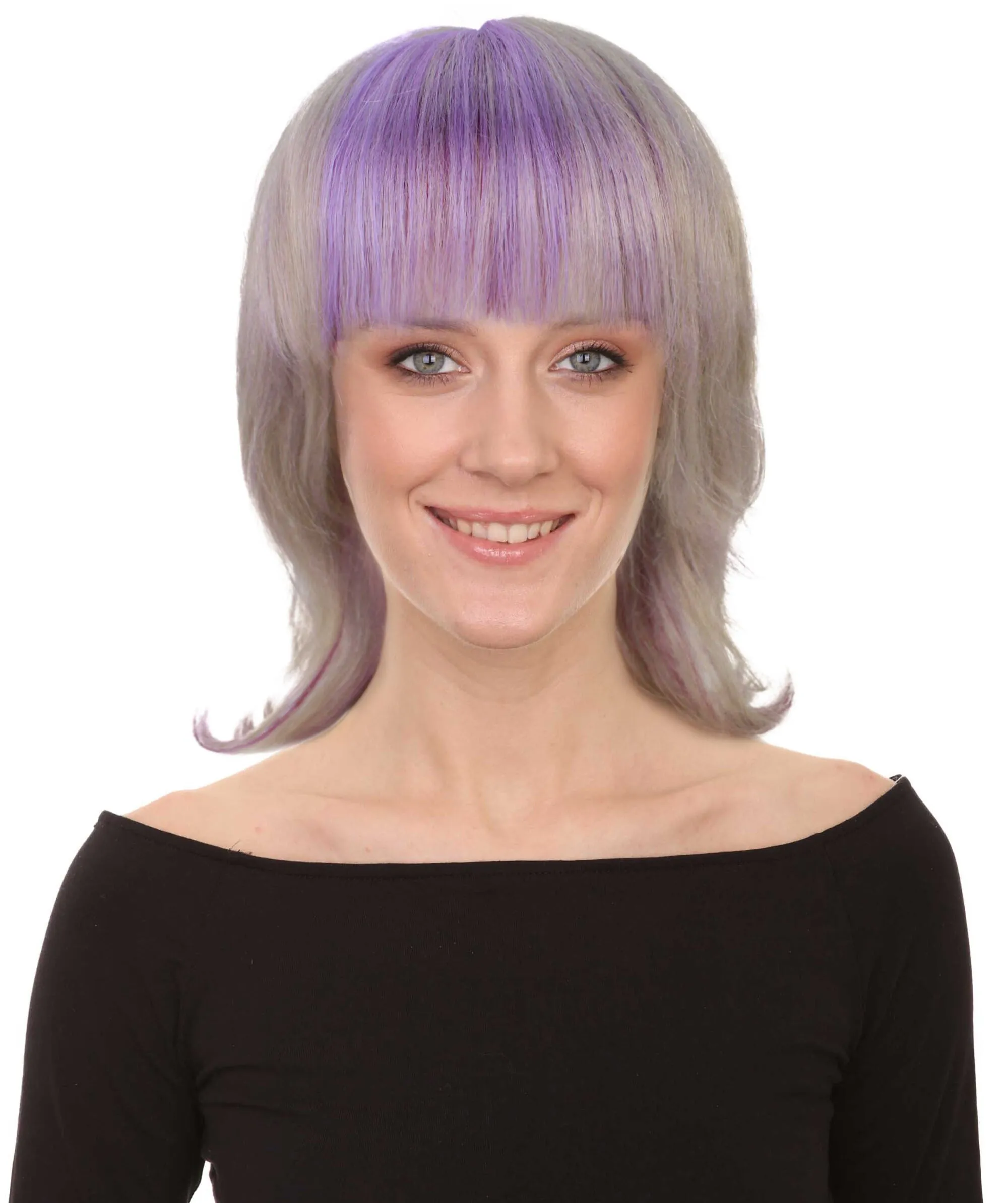 Adult Women’s  Blonde & Purple 80's Mullet Layered Fringe Bangs Medium Length Straight Wig | Perfect For Halloween | Flame-retardant Synthetic Fiber