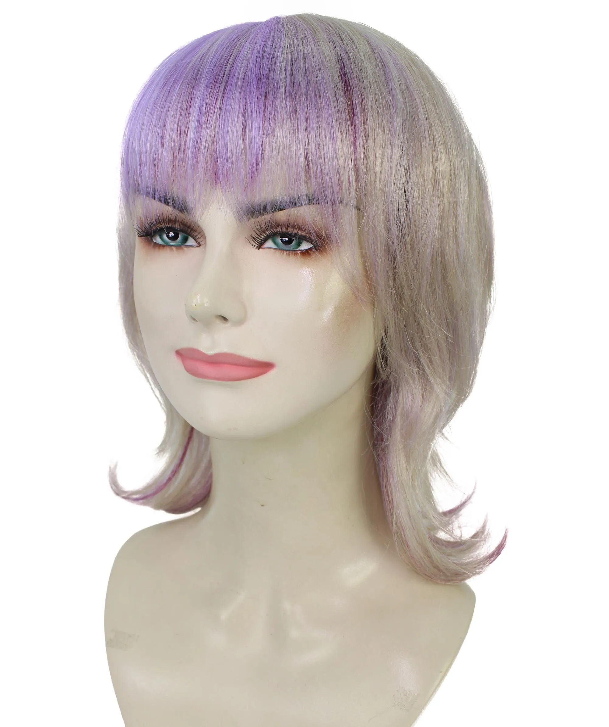 Adult Women’s  Blonde & Purple 80's Mullet Layered Fringe Bangs Medium Length Straight Wig | Perfect For Halloween | Flame-retardant Synthetic Fiber