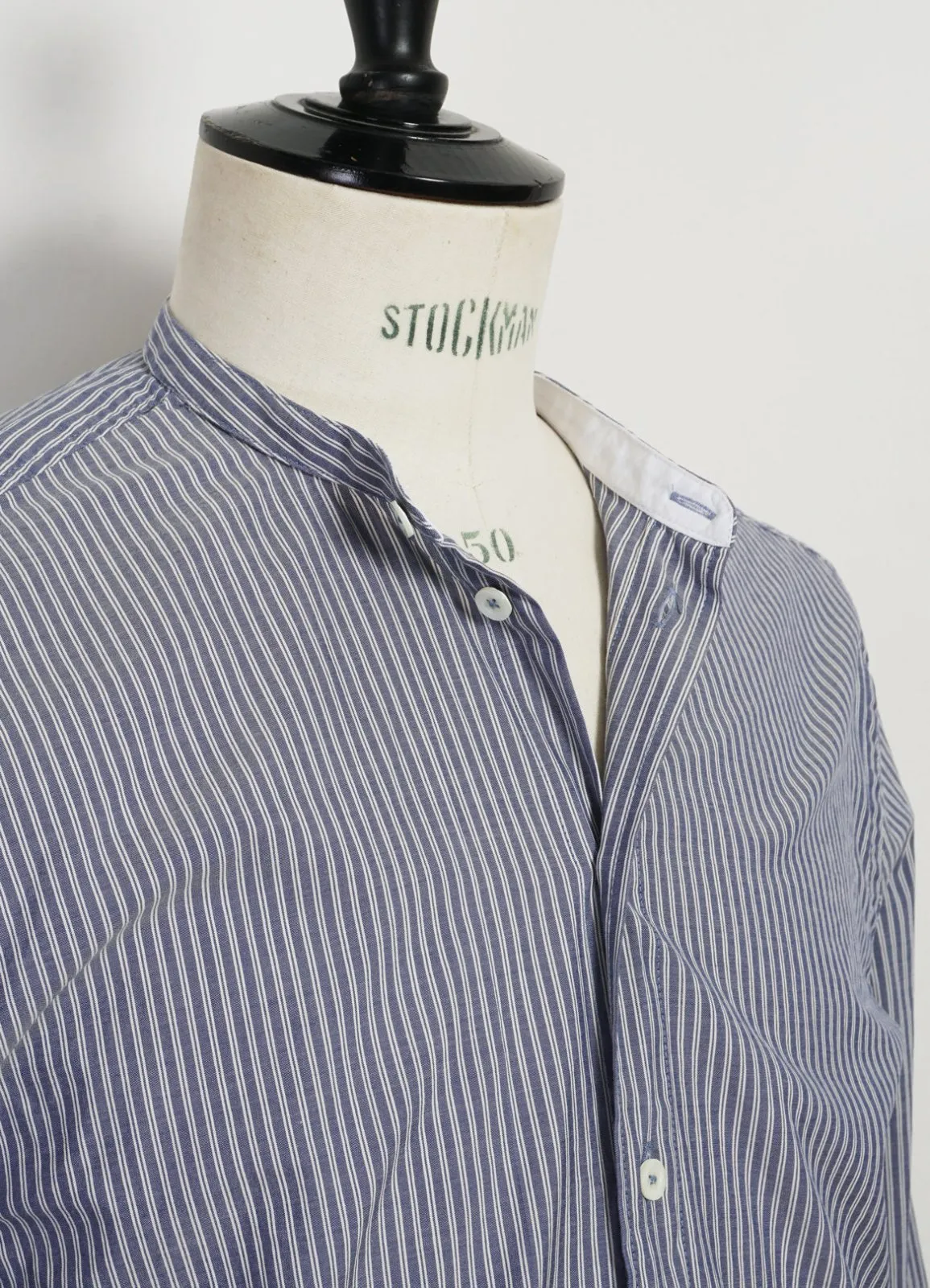 ANTE | Collarless Shirt | Small Blue Stripes