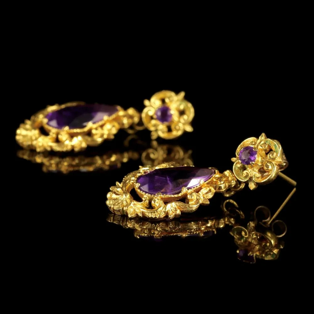 Antique Victorian 18Ct Gold Amethyst Drop Earrings Circa 1900