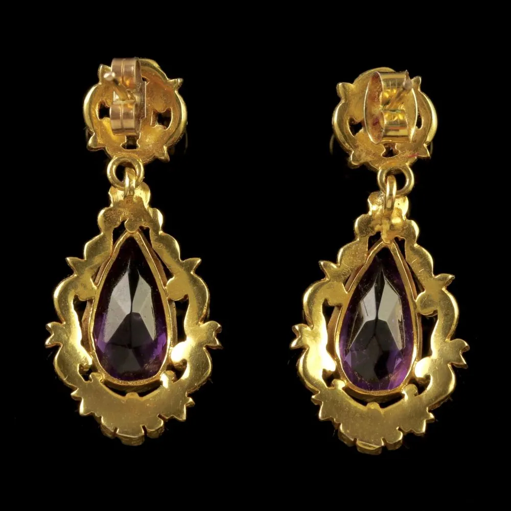 Antique Victorian 18Ct Gold Amethyst Drop Earrings Circa 1900