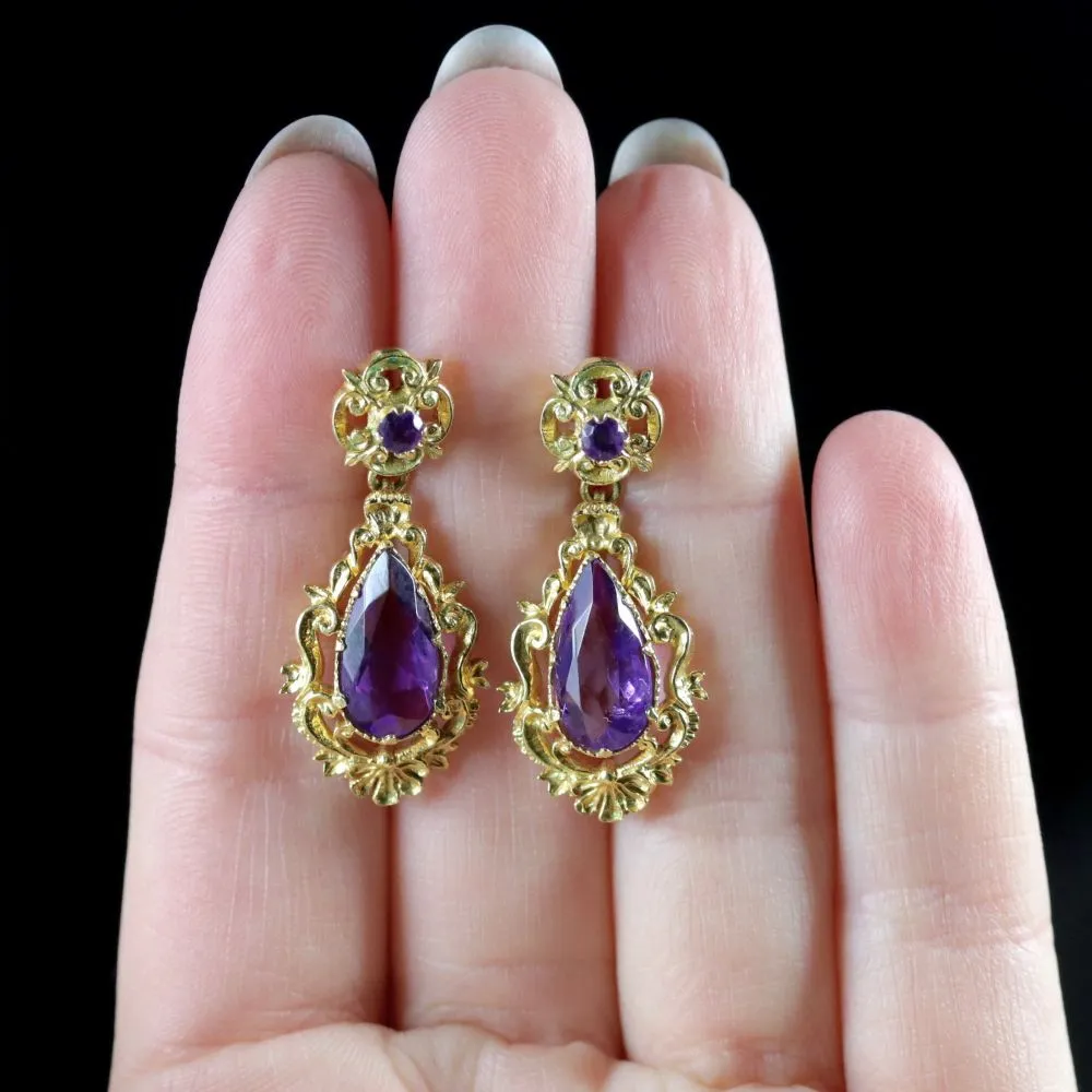 Antique Victorian 18Ct Gold Amethyst Drop Earrings Circa 1900