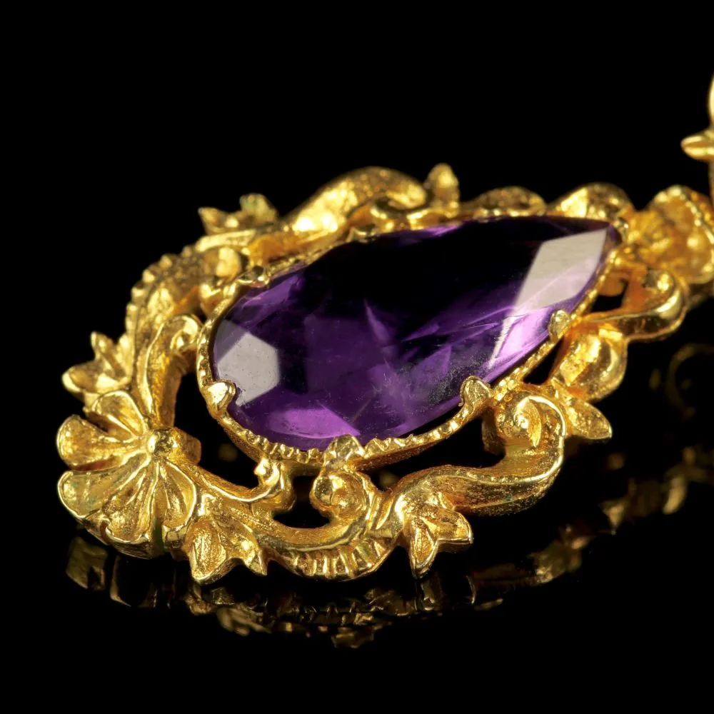 Antique Victorian 18Ct Gold Amethyst Drop Earrings Circa 1900