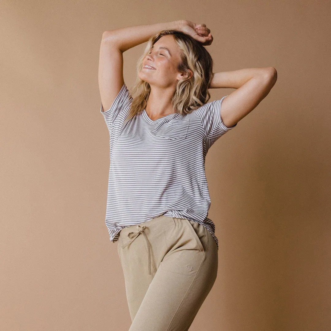 Basic V Neck Tee, Classic Mushroom Stripe