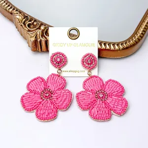 Beaded Flower Earrings in Pink with Crystal Stones