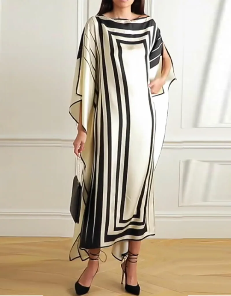 Beige And Black Soft Satin Silk Kaftan