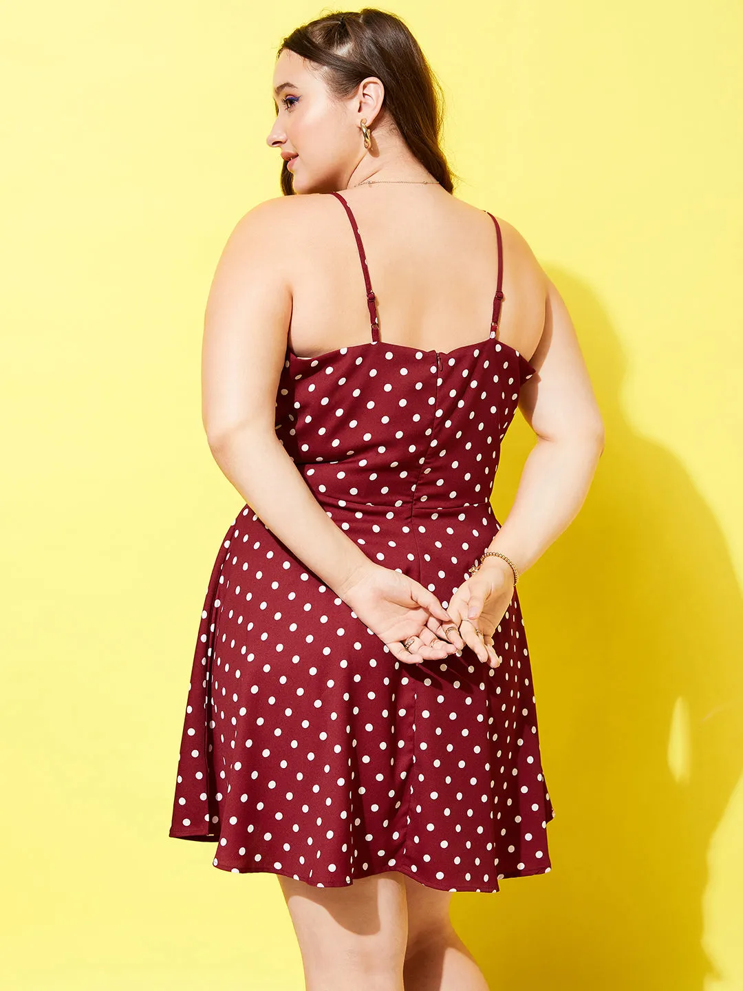 Berrylush Women Plus Size Red & White Polka Dot Printed V-Neck Sleeveless Crepe Curved Hem A-Line Mini Dress