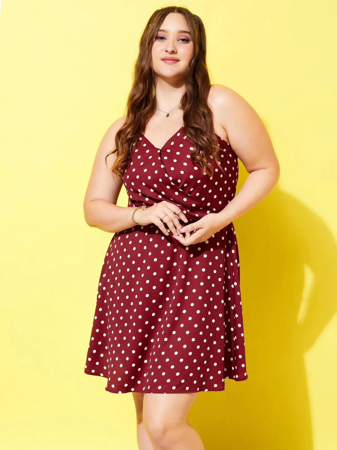 Berrylush Women Plus Size Red & White Polka Dot Printed V-Neck Sleeveless Crepe Curved Hem A-Line Mini Dress