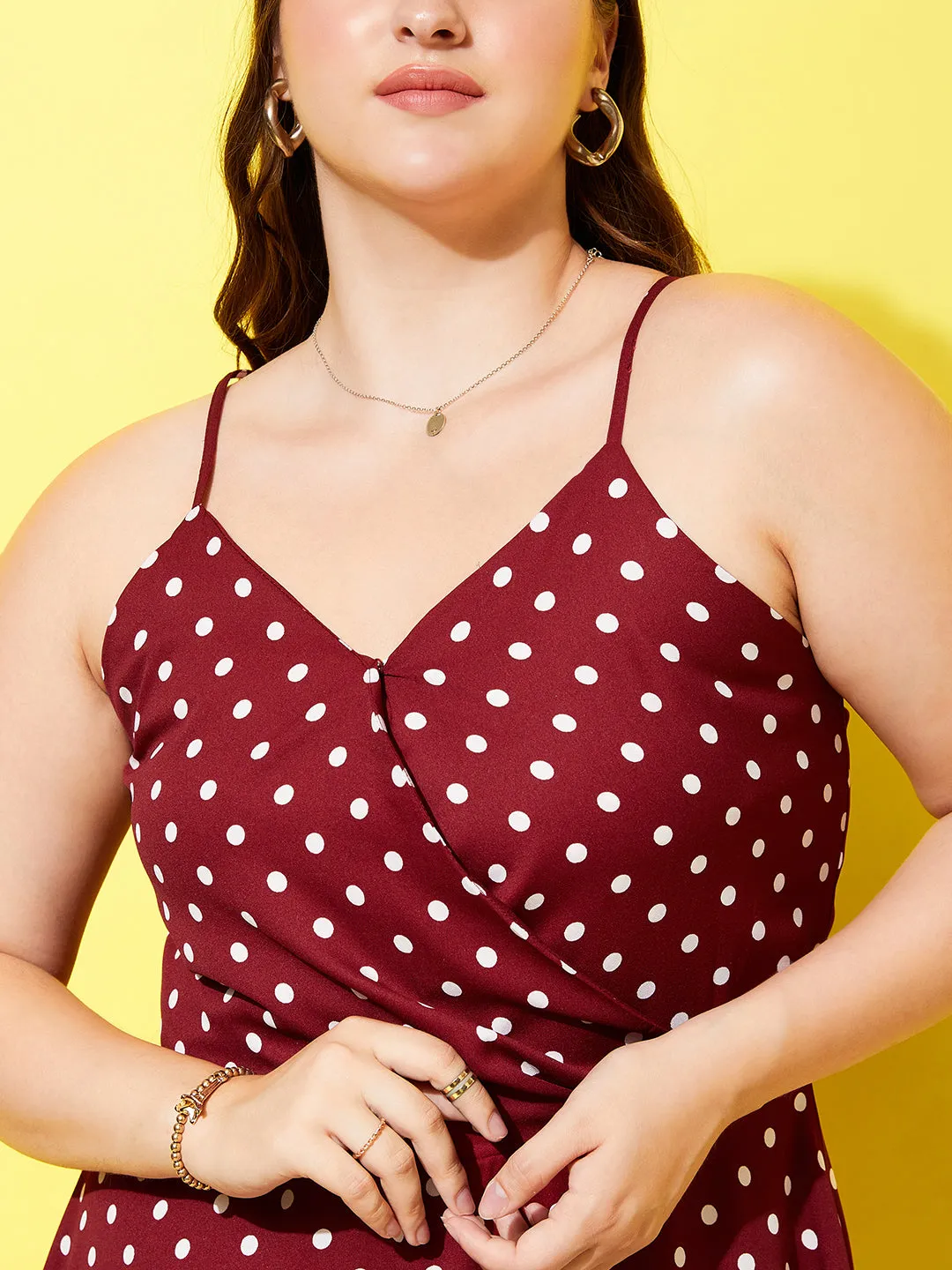 Berrylush Women Plus Size Red & White Polka Dot Printed V-Neck Sleeveless Crepe Curved Hem A-Line Mini Dress