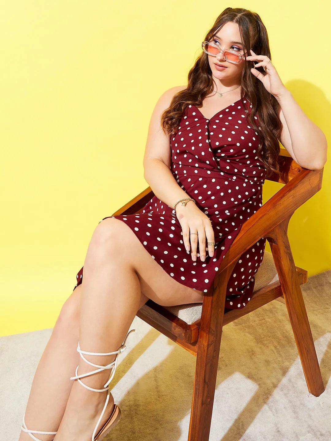 Berrylush Women Plus Size Red & White Polka Dot Printed V-Neck Sleeveless Crepe Curved Hem A-Line Mini Dress