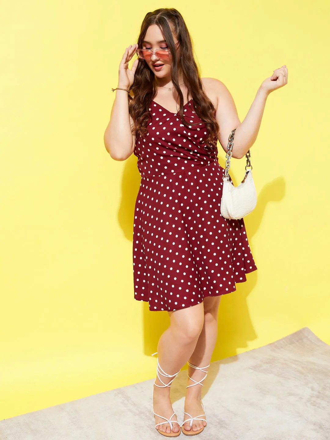 Berrylush Women Plus Size Red & White Polka Dot Printed V-Neck Sleeveless Crepe Curved Hem A-Line Mini Dress