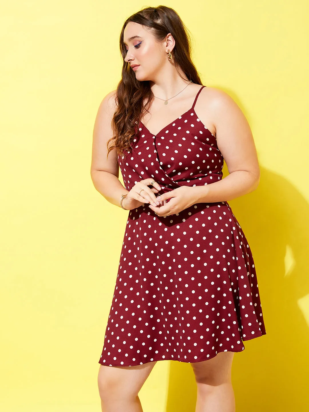 Berrylush Women Plus Size Red & White Polka Dot Printed V-Neck Sleeveless Crepe Curved Hem A-Line Mini Dress