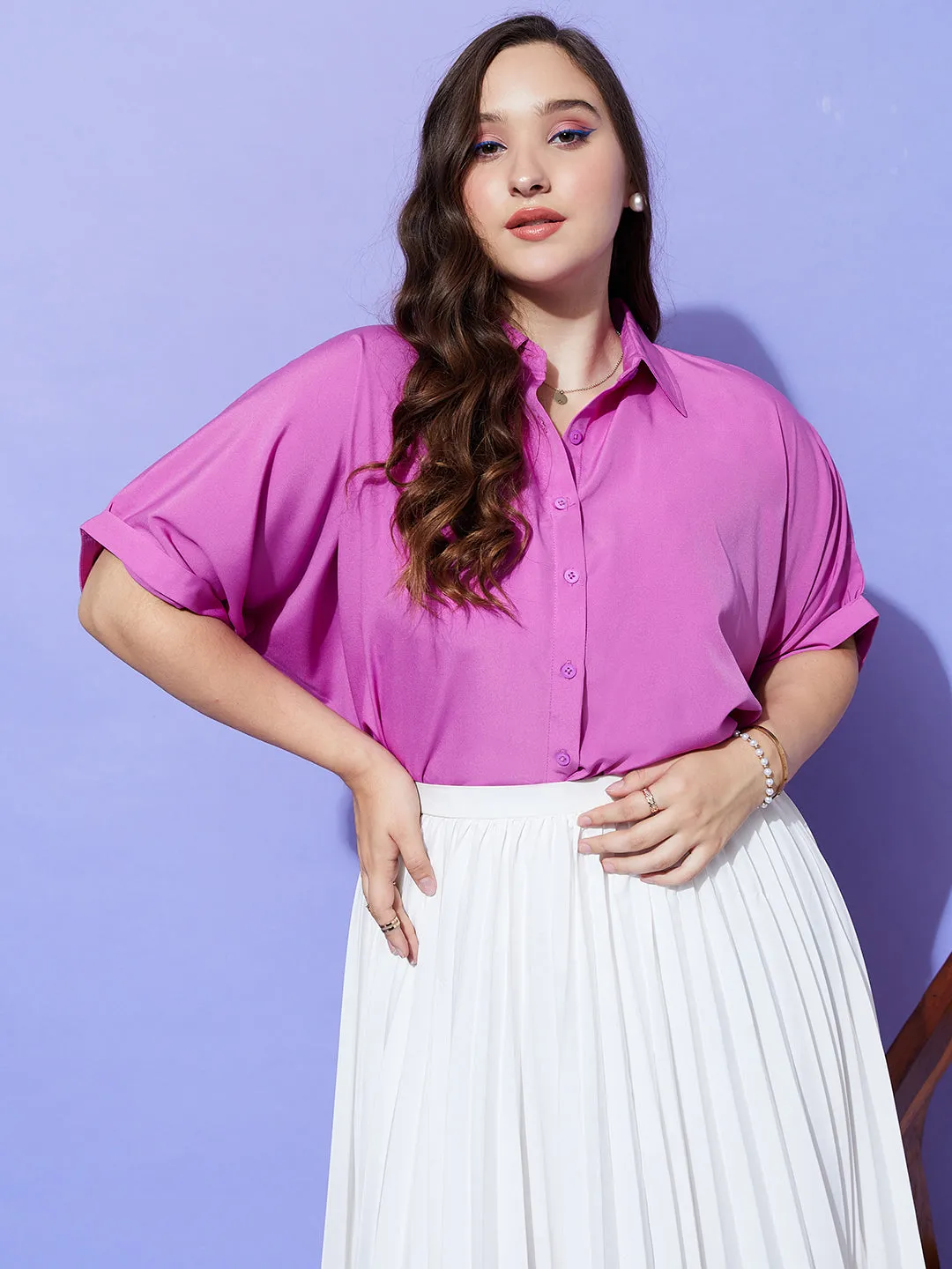 Berrylush Women Plus Size Solid Purple Spread Collar Neck Batwing Sleeve Polyester Curved Hem Regular Shirt