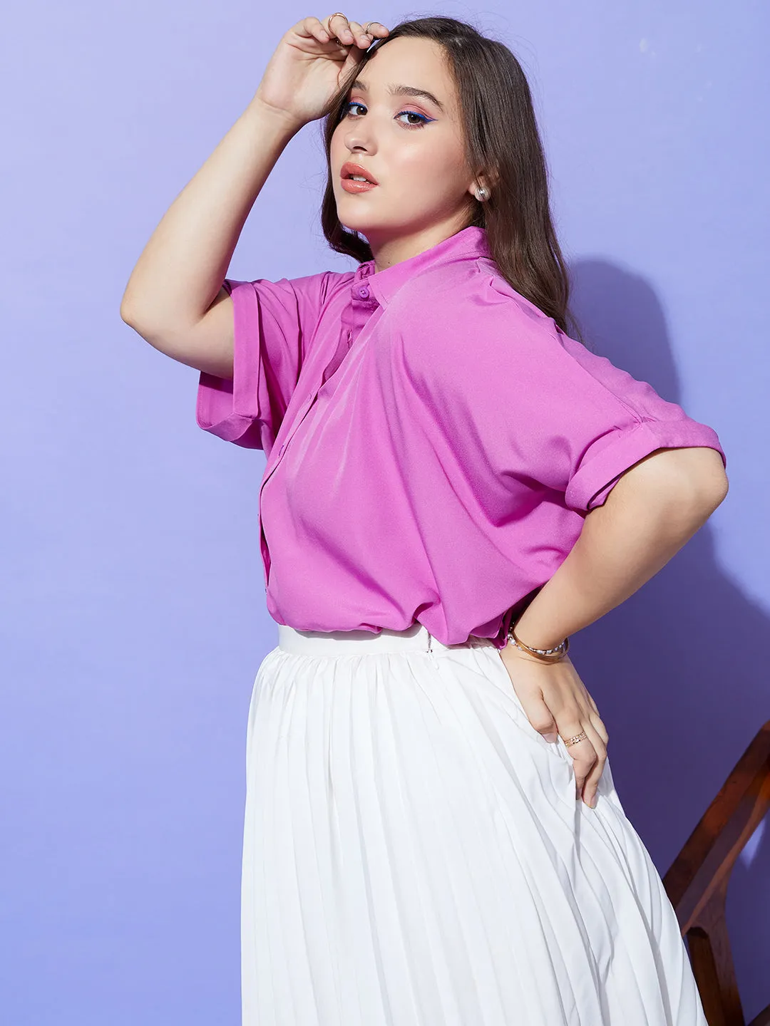 Berrylush Women Plus Size Solid Purple Spread Collar Neck Batwing Sleeve Polyester Curved Hem Regular Shirt