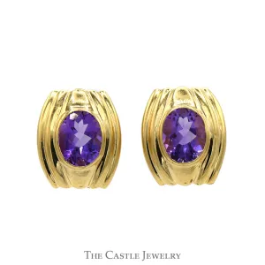 Bezel Set Oval Amethyst Earrings in 14k Yellow Gold Butterfly Pushbacks