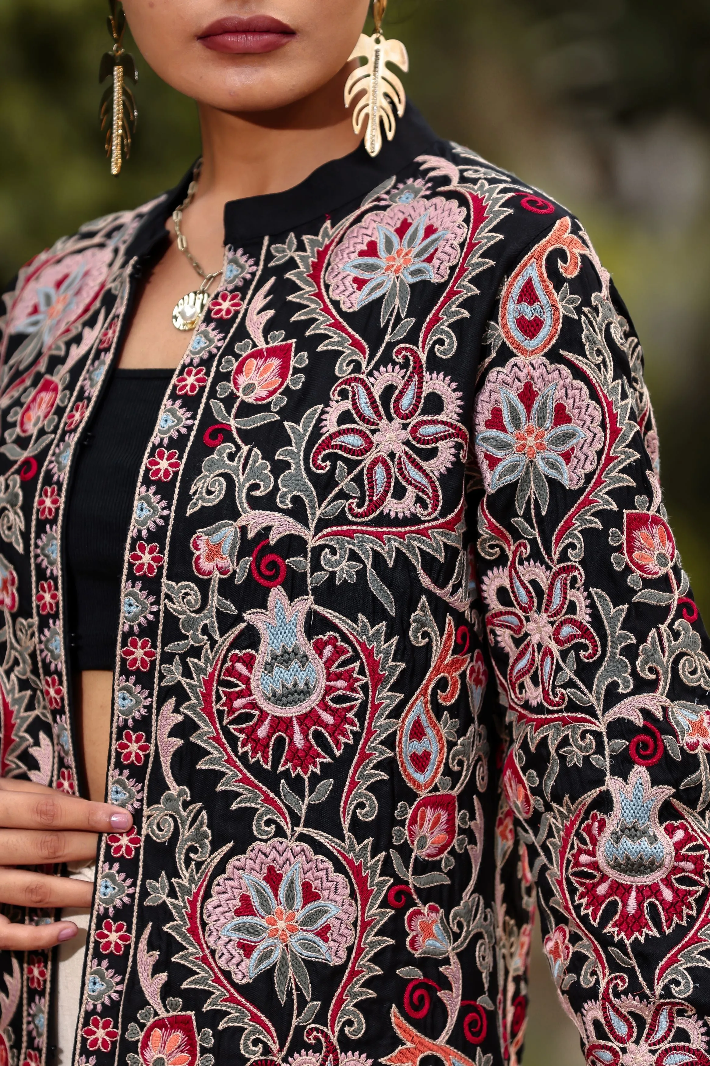 Black Thread Embroidered Organic Cotton Jacket