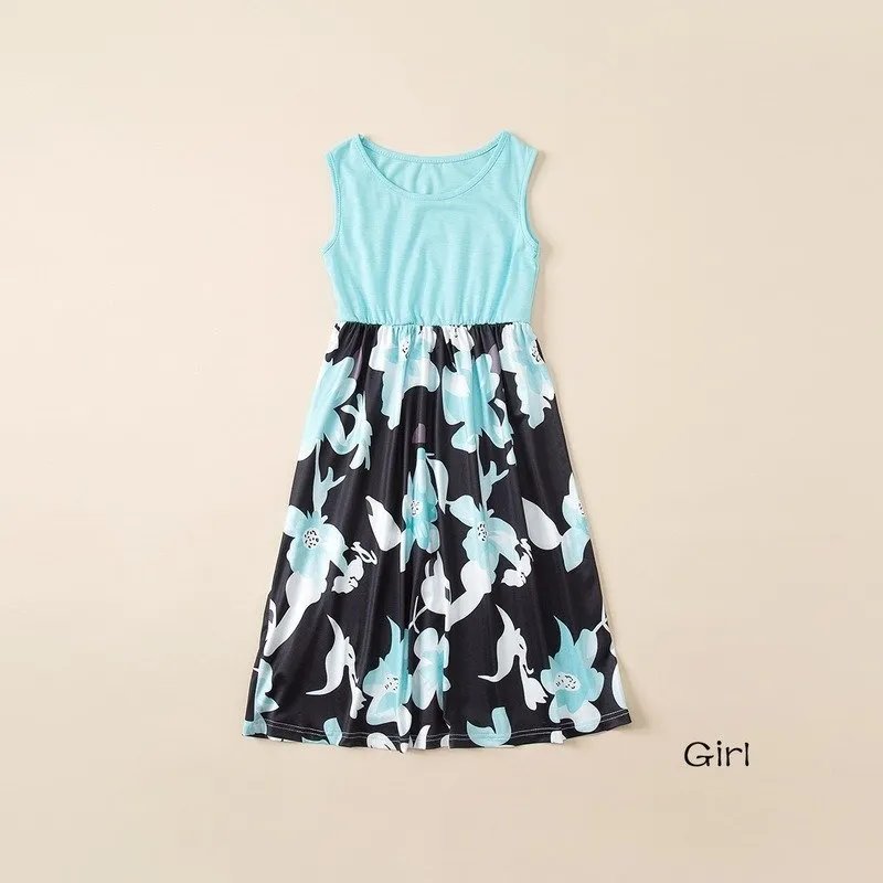 Blue Sleeveless Floral Print Dress for Mom and Me