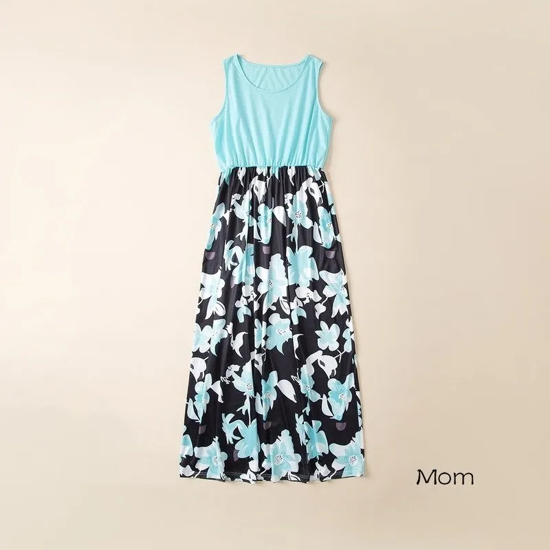 Blue Sleeveless Floral Print Dress for Mom and Me