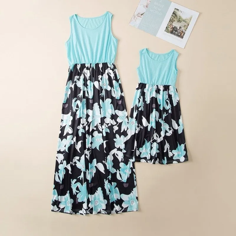 Blue Sleeveless Floral Print Dress for Mom and Me