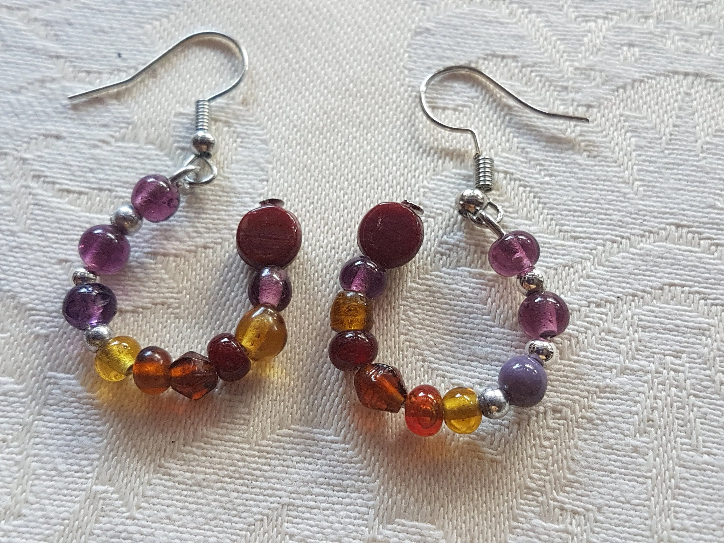 Burgundy, Purple, Yellow Bead Earrings