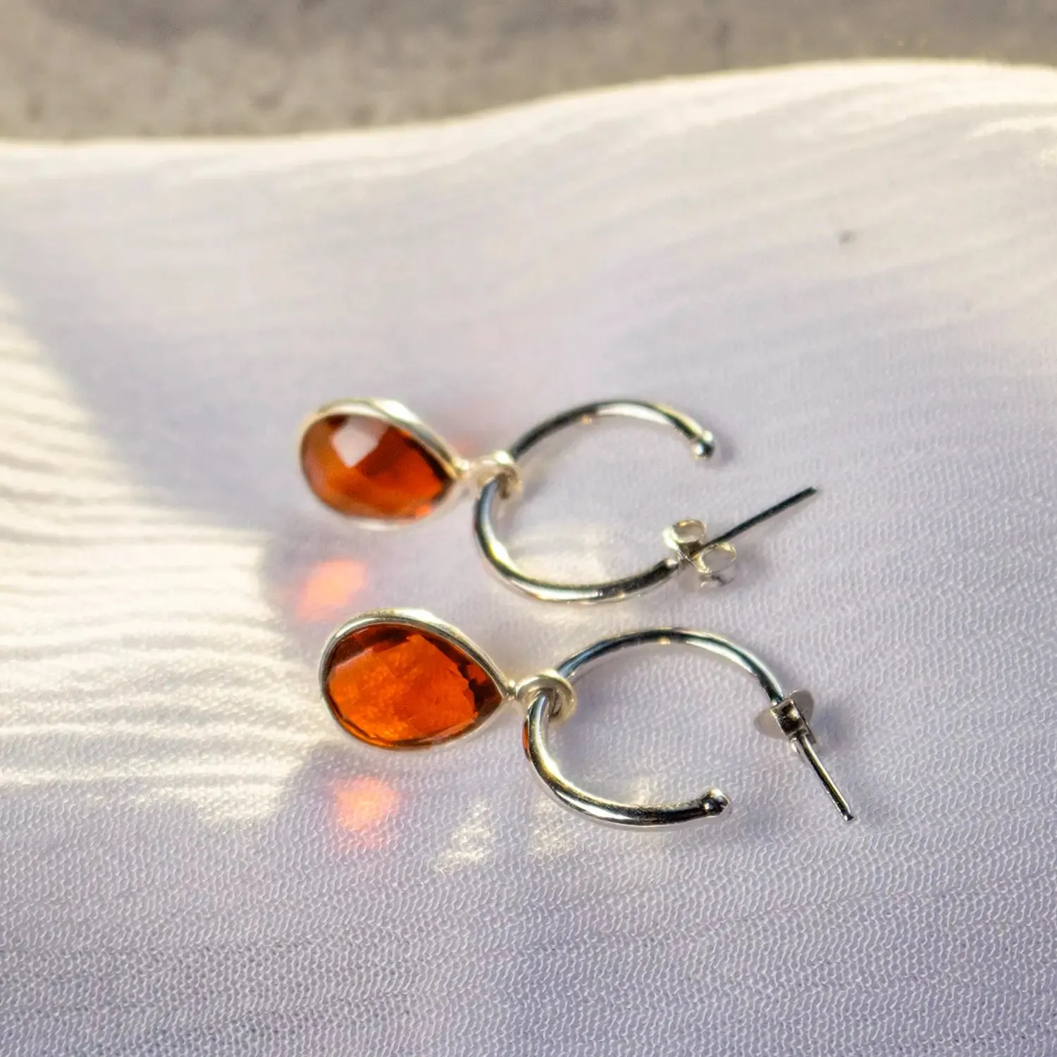 Carnelian Drop Hoop Earrings Silver July Birthstone