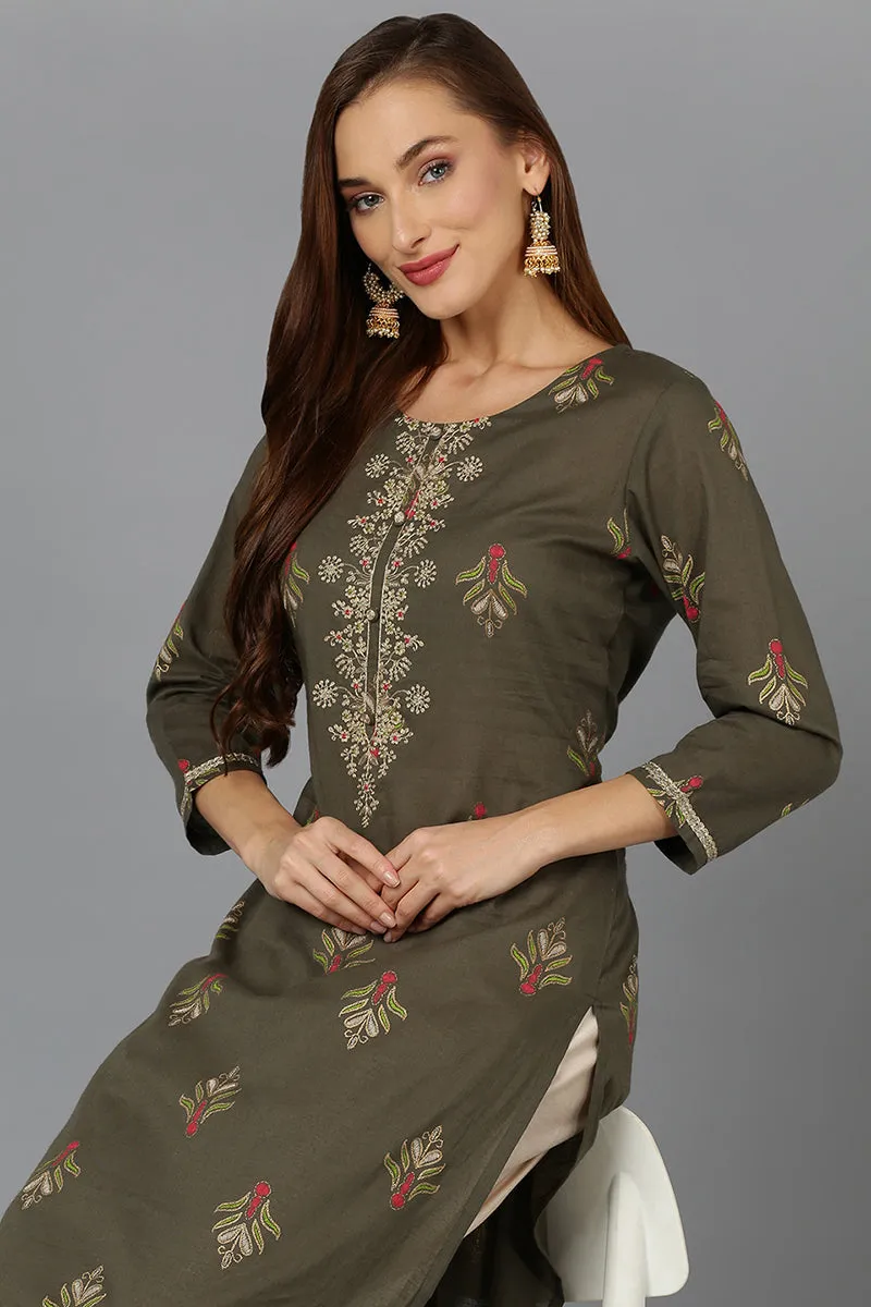 Cotton Pine Green Embroidered Straight Kurta