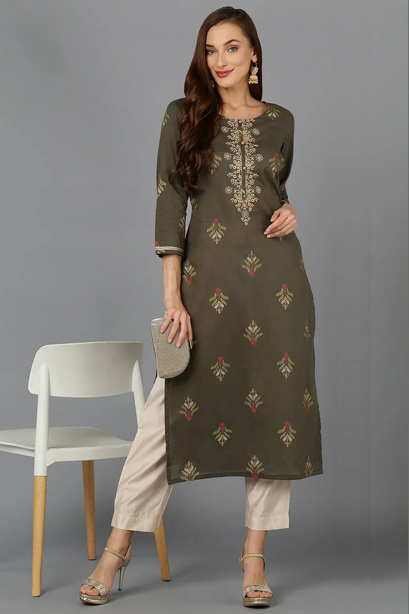 Cotton Pine Green Embroidered Straight Kurta