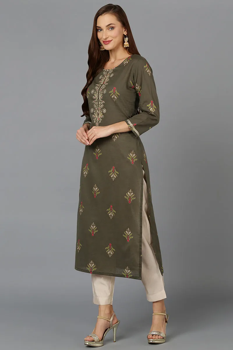 Cotton Pine Green Embroidered Straight Kurta