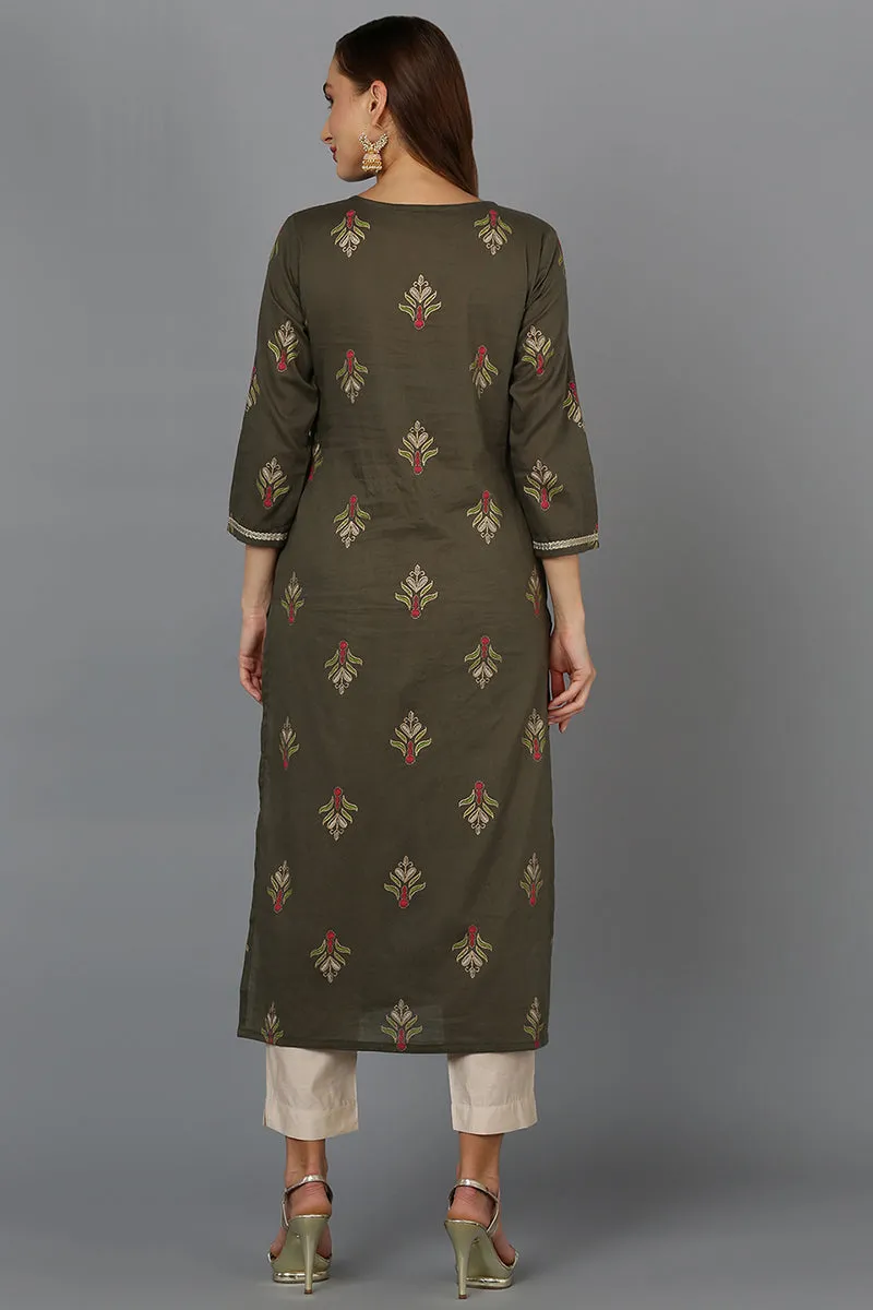 Cotton Pine Green Embroidered Straight Kurta