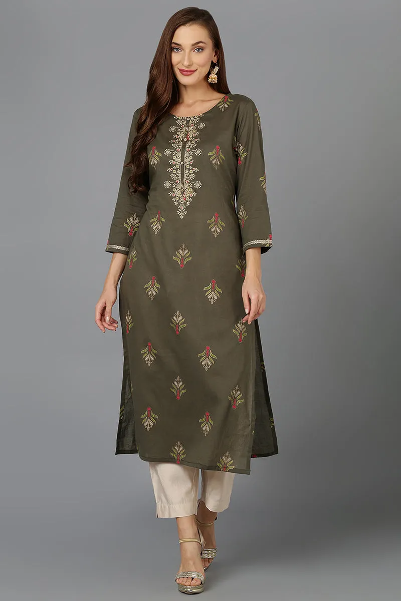 Cotton Pine Green Embroidered Straight Kurta