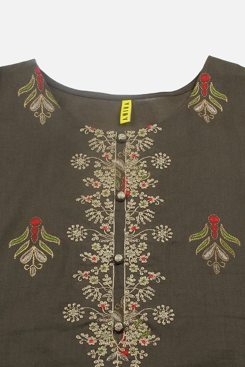 Cotton Pine Green Embroidered Straight Kurta