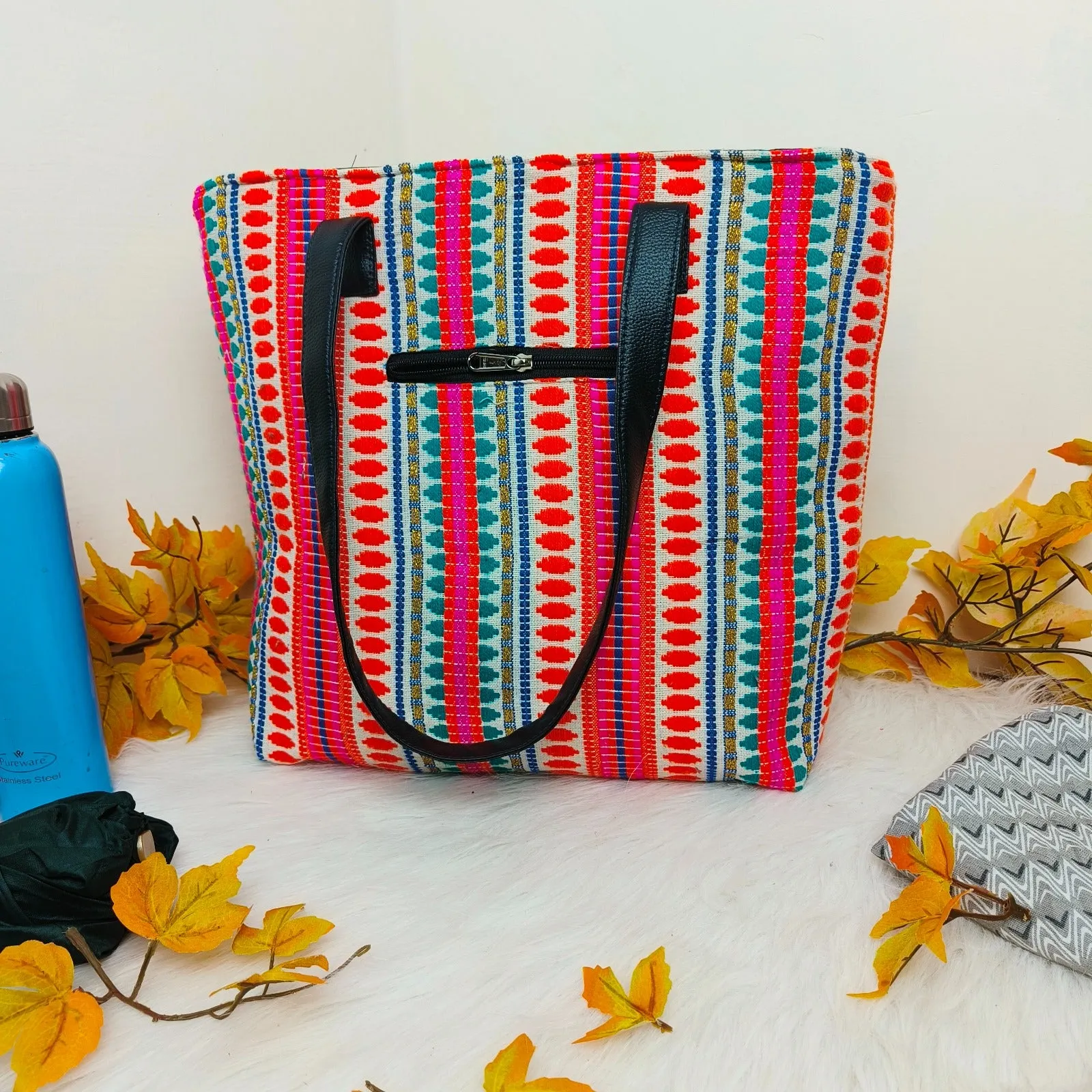 Dual Zip Fusion Tote Orange with Blue and Pink Southwestern Patterns