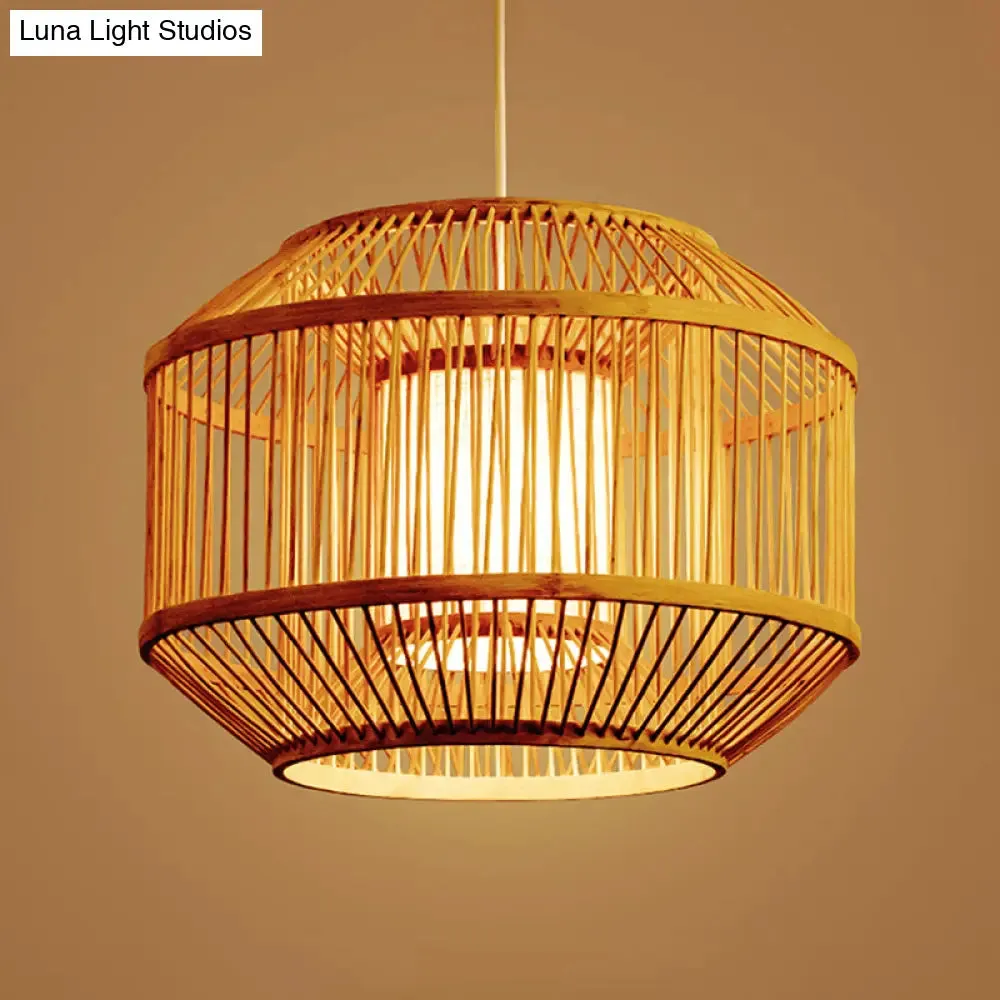 Geometric Bamboo Hanging Fixture - 1 Light Pendant Lighting in Beige (16"/19.5" W) - Ideal for Dining Room