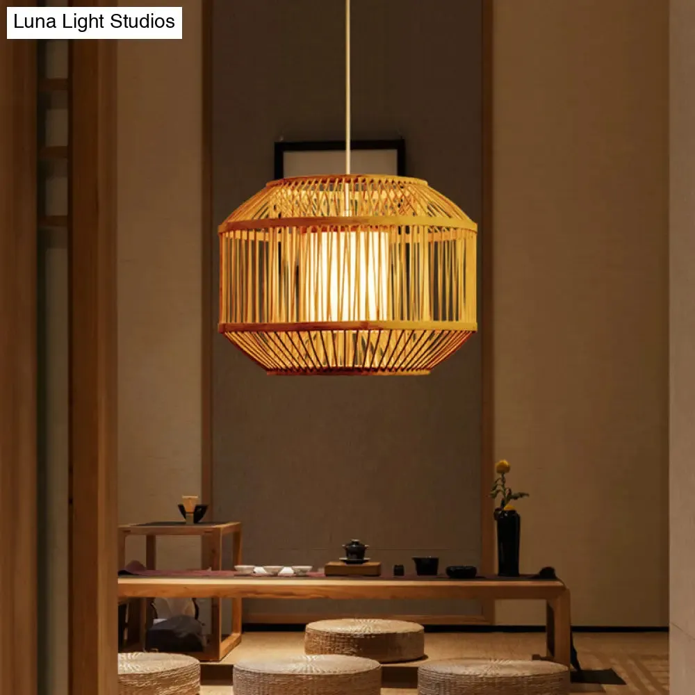 Geometric Bamboo Hanging Fixture - 1 Light Pendant Lighting in Beige (16"/19.5" W) - Ideal for Dining Room