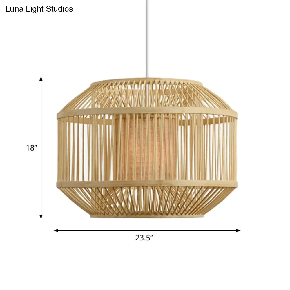 Geometric Bamboo Hanging Fixture - 1 Light Pendant Lighting in Beige (16"/19.5" W) - Ideal for Dining Room