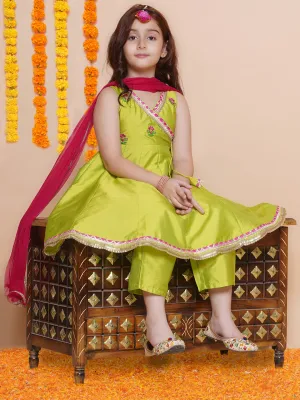 Girls Green Embroidered Angrakha Kurta with Trousers set With Dupatta