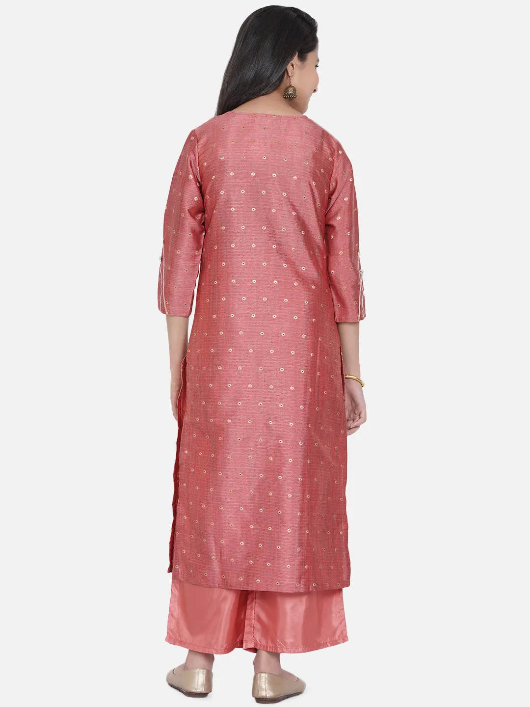 Girls Peach-Coloured Ethnic Motifs Embroidered Kurta With Palazzos