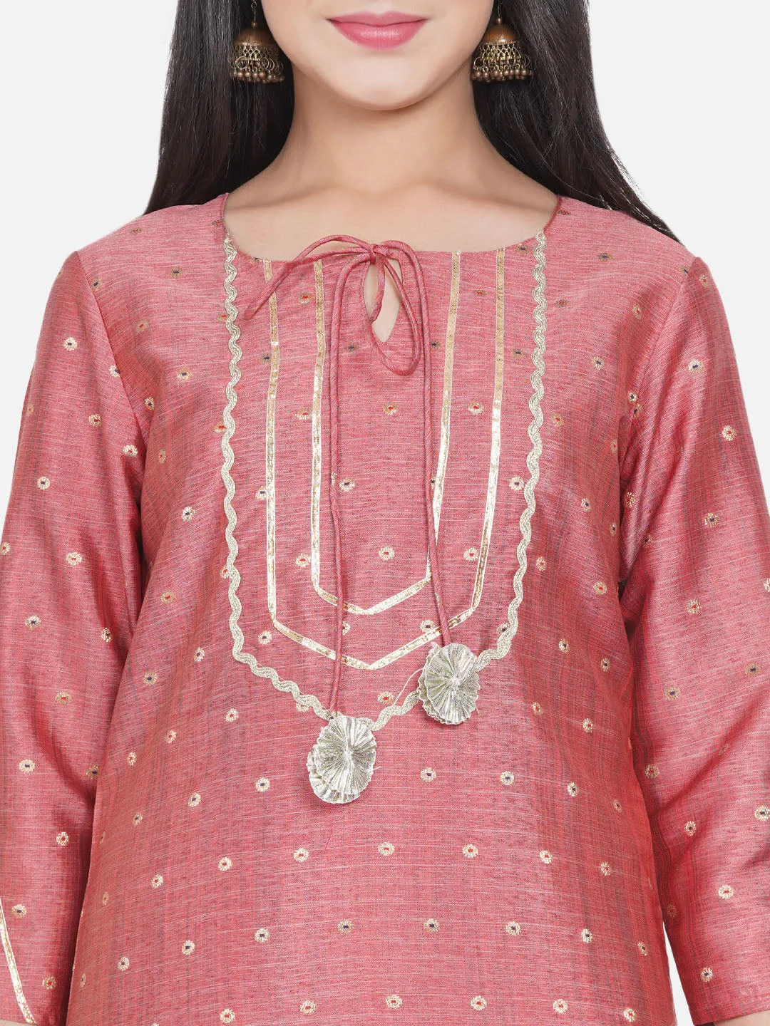 Girls Peach-Coloured Ethnic Motifs Embroidered Kurta With Palazzos