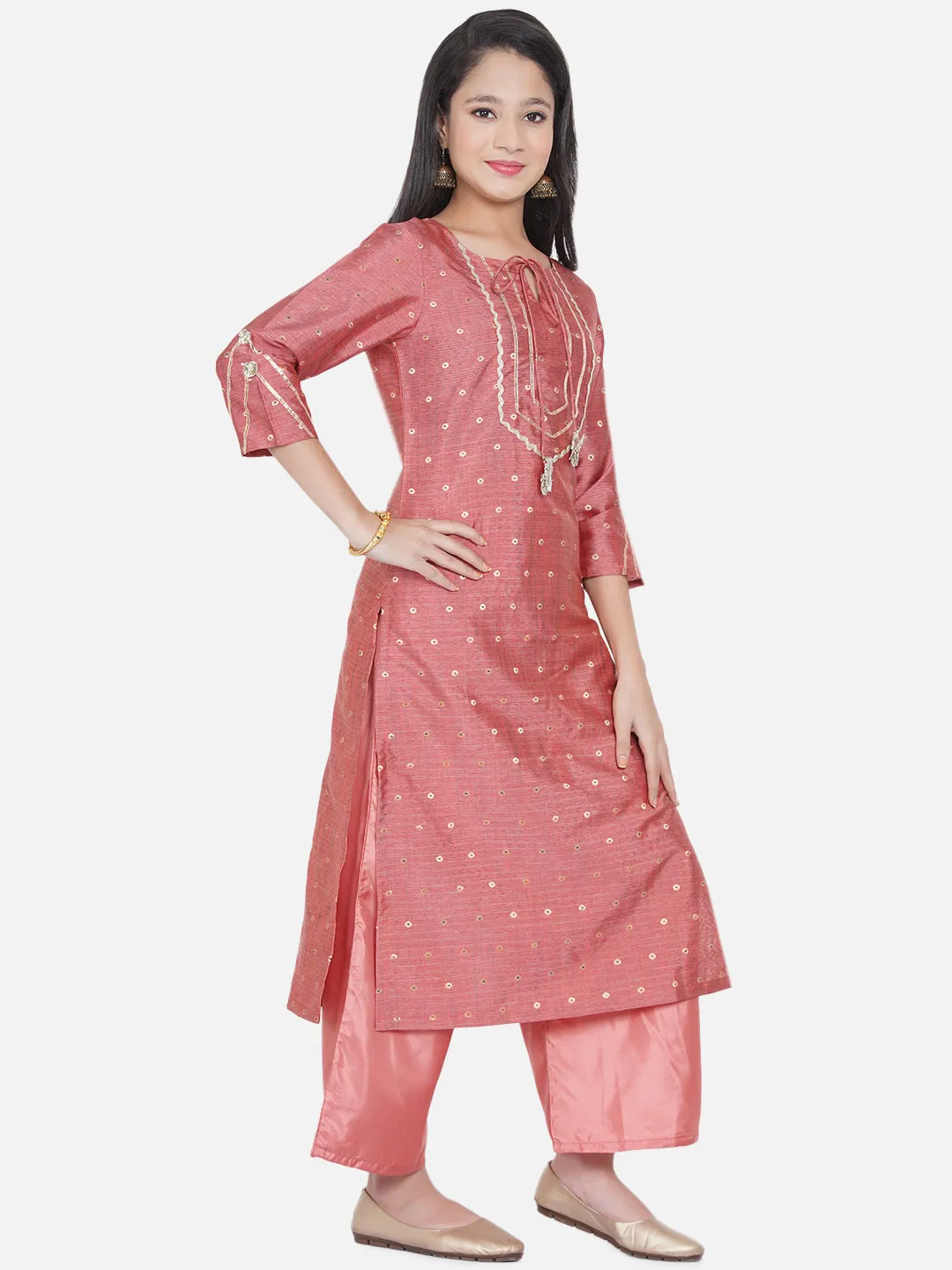 Girls Peach-Coloured Ethnic Motifs Embroidered Kurta With Palazzos