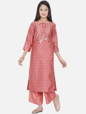 Girls Peach-Coloured Ethnic Motifs Embroidered Kurta With Palazzos