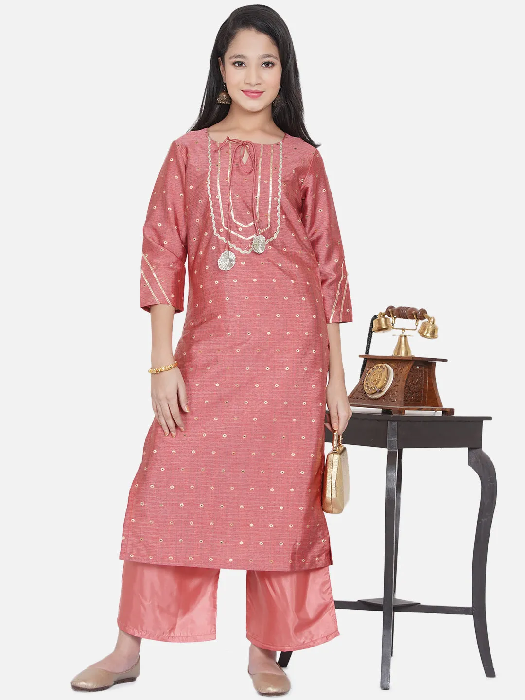 Girls Peach-Coloured Ethnic Motifs Embroidered Kurta With Palazzos