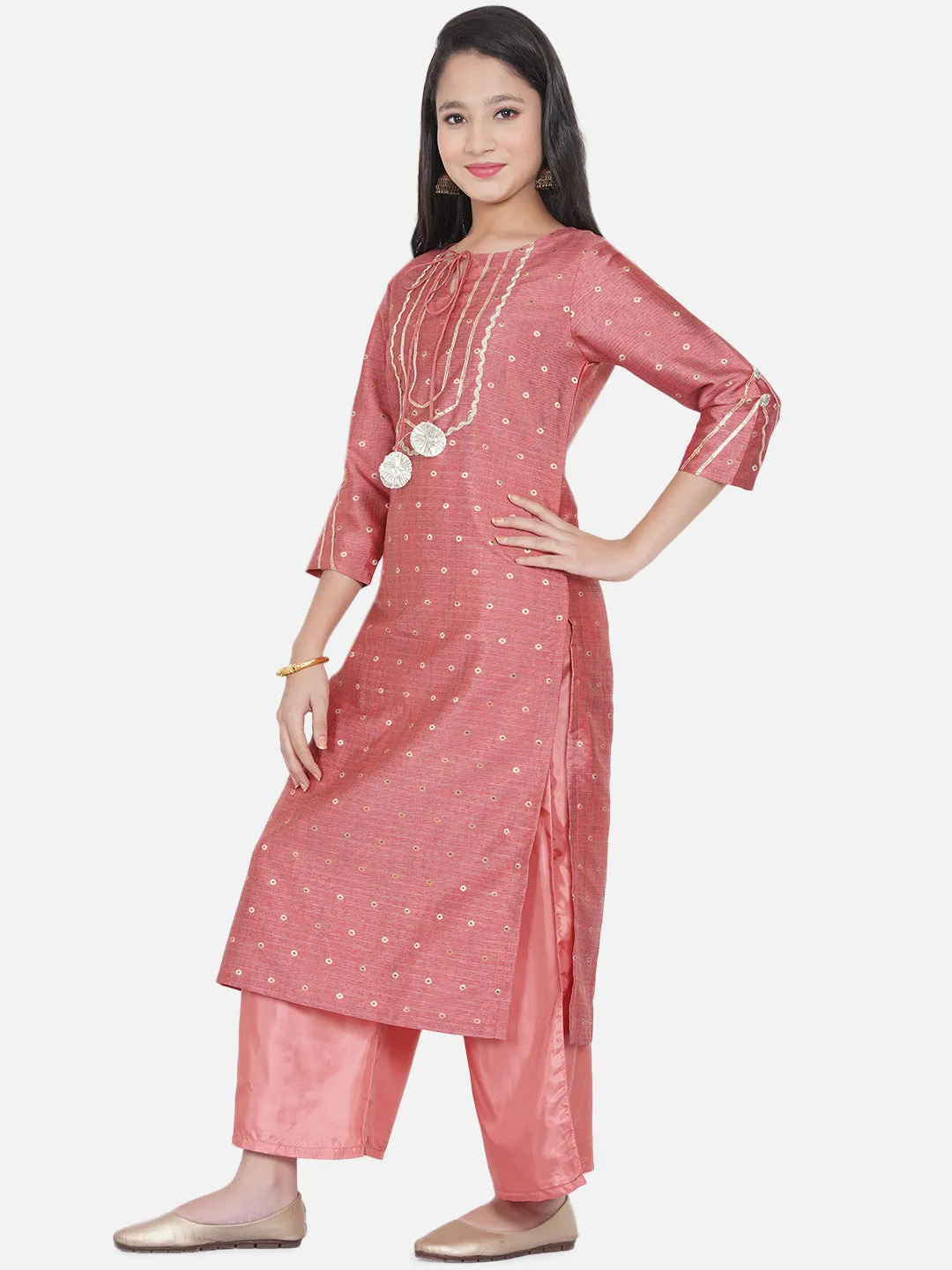 Girls Peach-Coloured Ethnic Motifs Embroidered Kurta With Palazzos