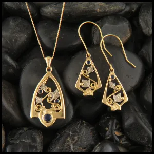 Gold Celtic Pendant and Earring Set with Sapphires