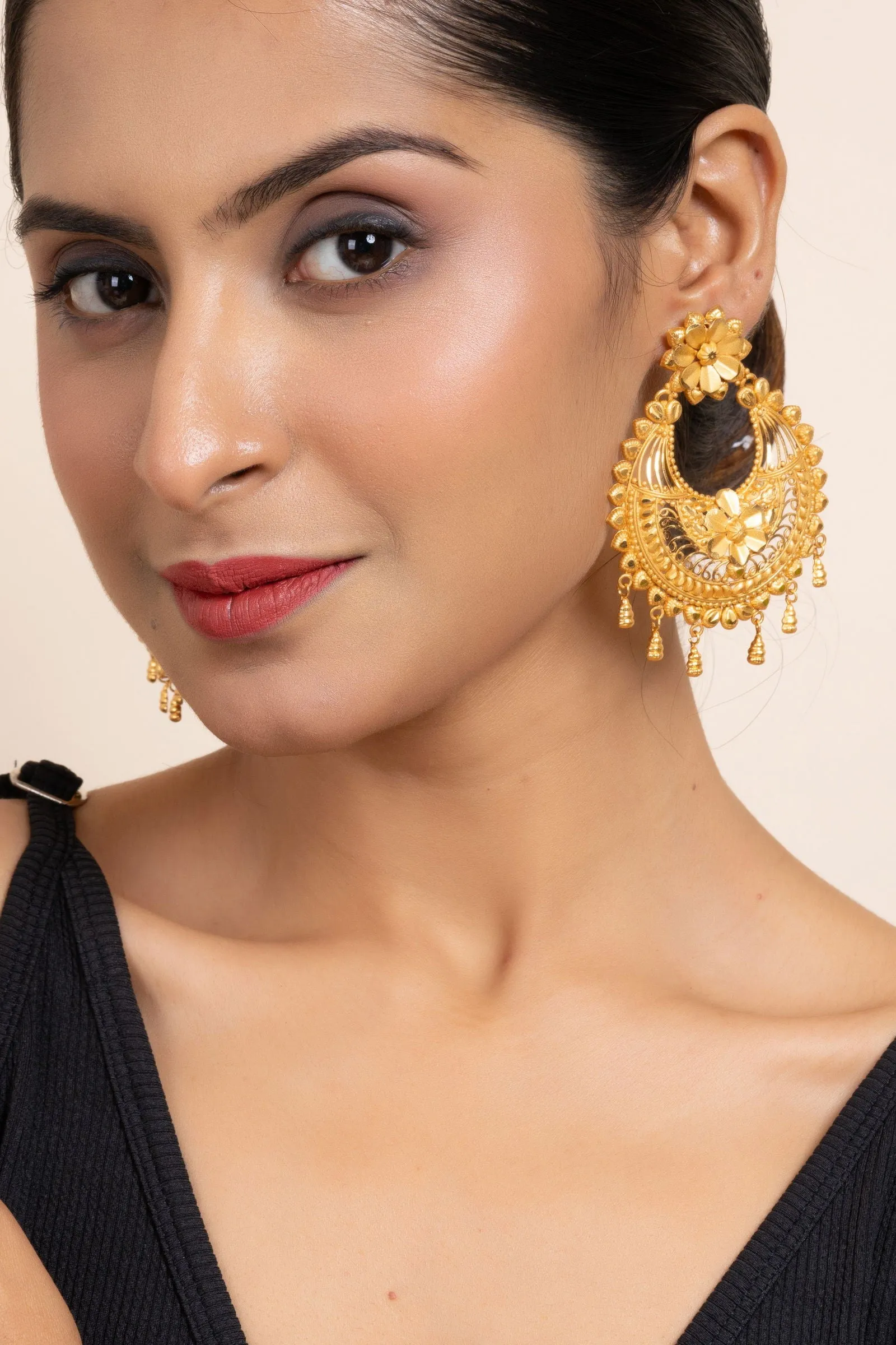 Gold Plated Jumbo Chandbali with Floral Design Stud Earrings - Elegant Accessories