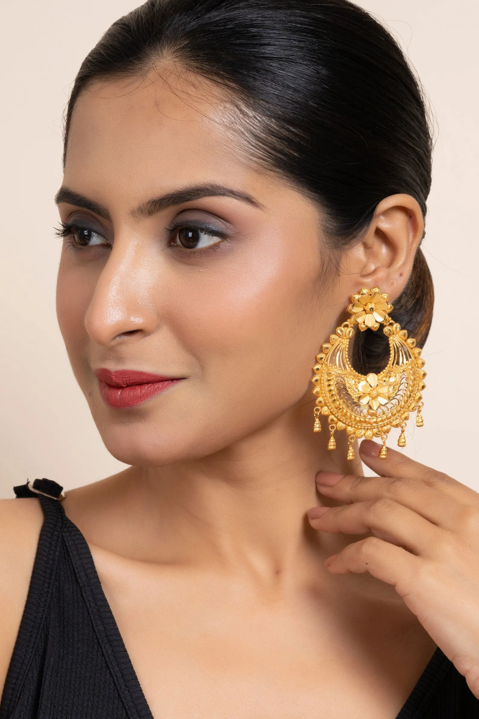 Gold Plated Jumbo Chandbali with Floral Design Stud Earrings - Elegant Accessories